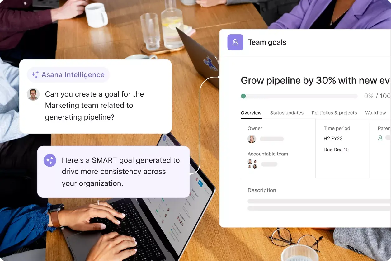 Group of employees working on team goals: Asana abstracted product UI