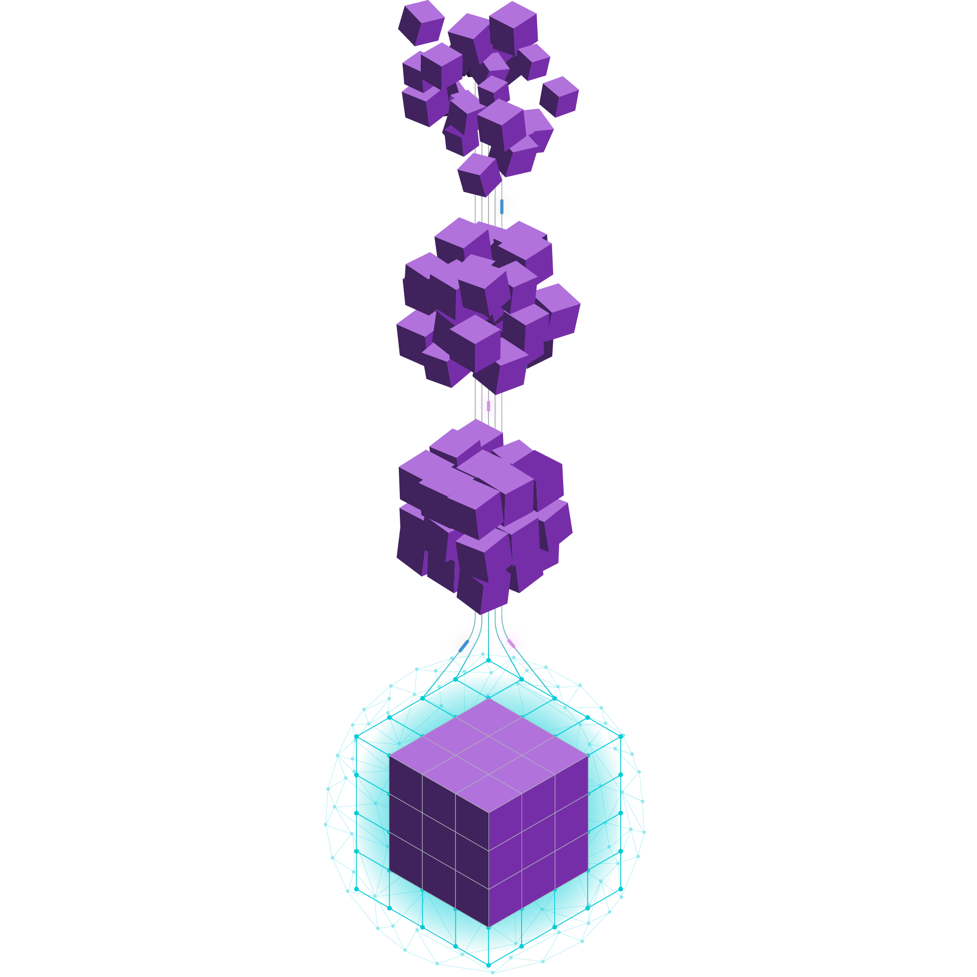 Strong cloud security defenses represented by a solid purple cube versus crumbling cubes.