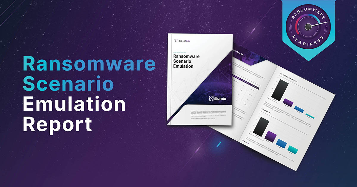 Ransomware scenario emulation report cover page and preview with ransomware readiness seal.