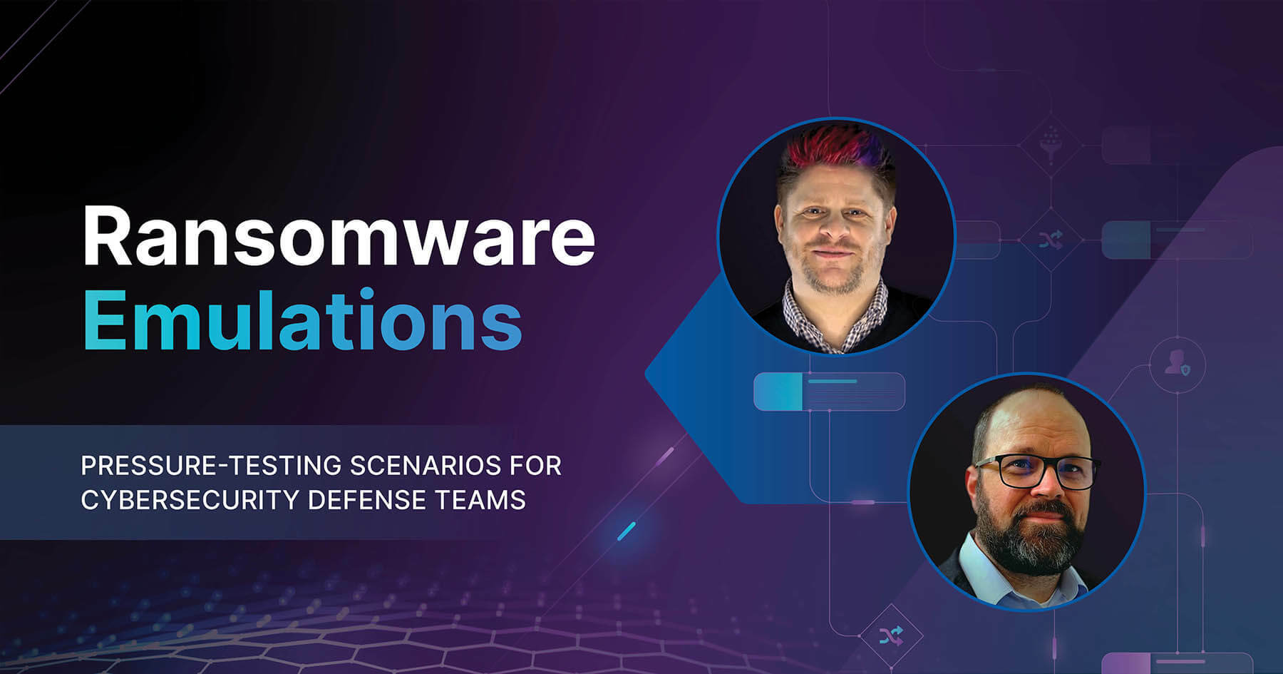 Webcast on how emulation techniques provide safe testing scenarios to uncover ransomware susceptibility featuring the headshots of Bishop Fox and Illumio security experts, Trevin Edgeworth and Paul Dant.