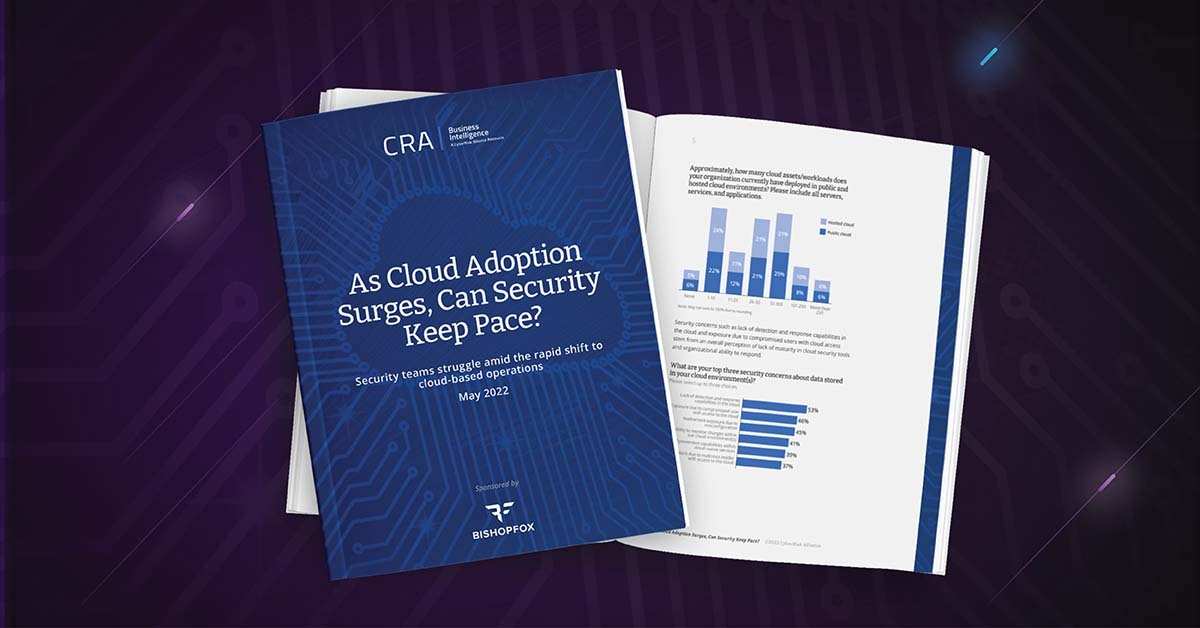 CyberRisk Alliance Survey Report cover page and preview of internal page with graph. The cover title is "As Cloud Adoption Surges, Can Security Keep Pace?"