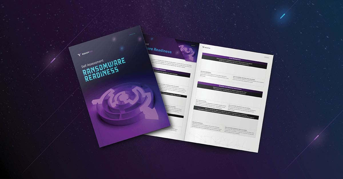 Ransomware readiness self-assessment guide cover and 2 white pages showing a questionnaire and one purple and black cover page with a maze and blue writing Ransomware self Readiness guide. All on dark purple to black background.