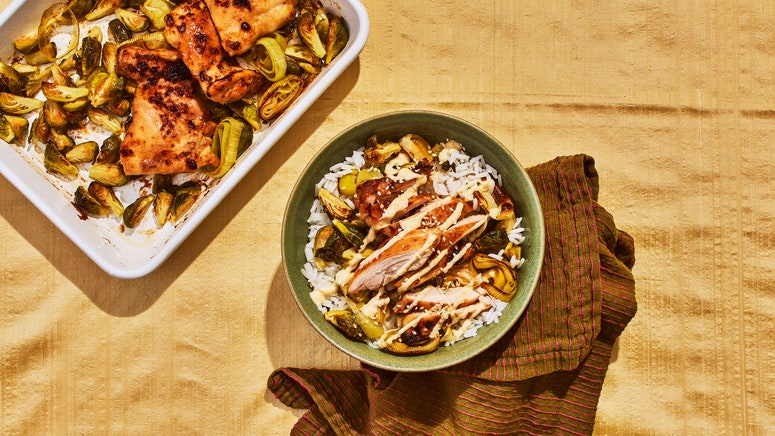 Misomayo chicken bowl in a green bowl and baking dish