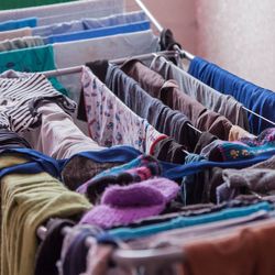 Clothes drying inside. 