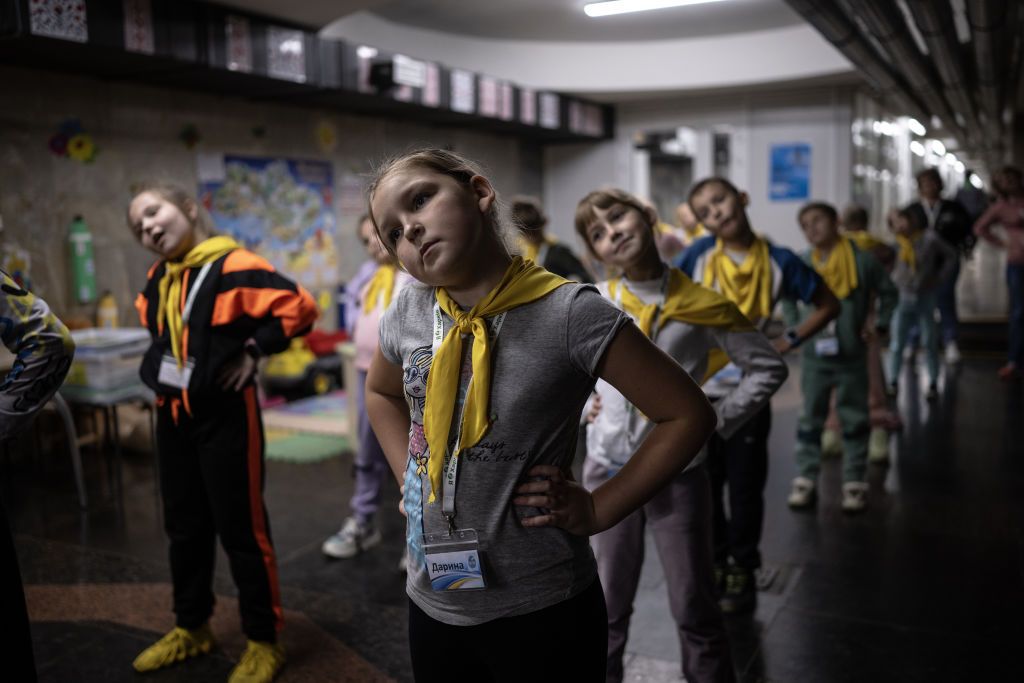 Schoolchildren attend school in a metro station in Kharkiv, Kharkiv Oblast, Ukraine, on Sept. 15, 2023.