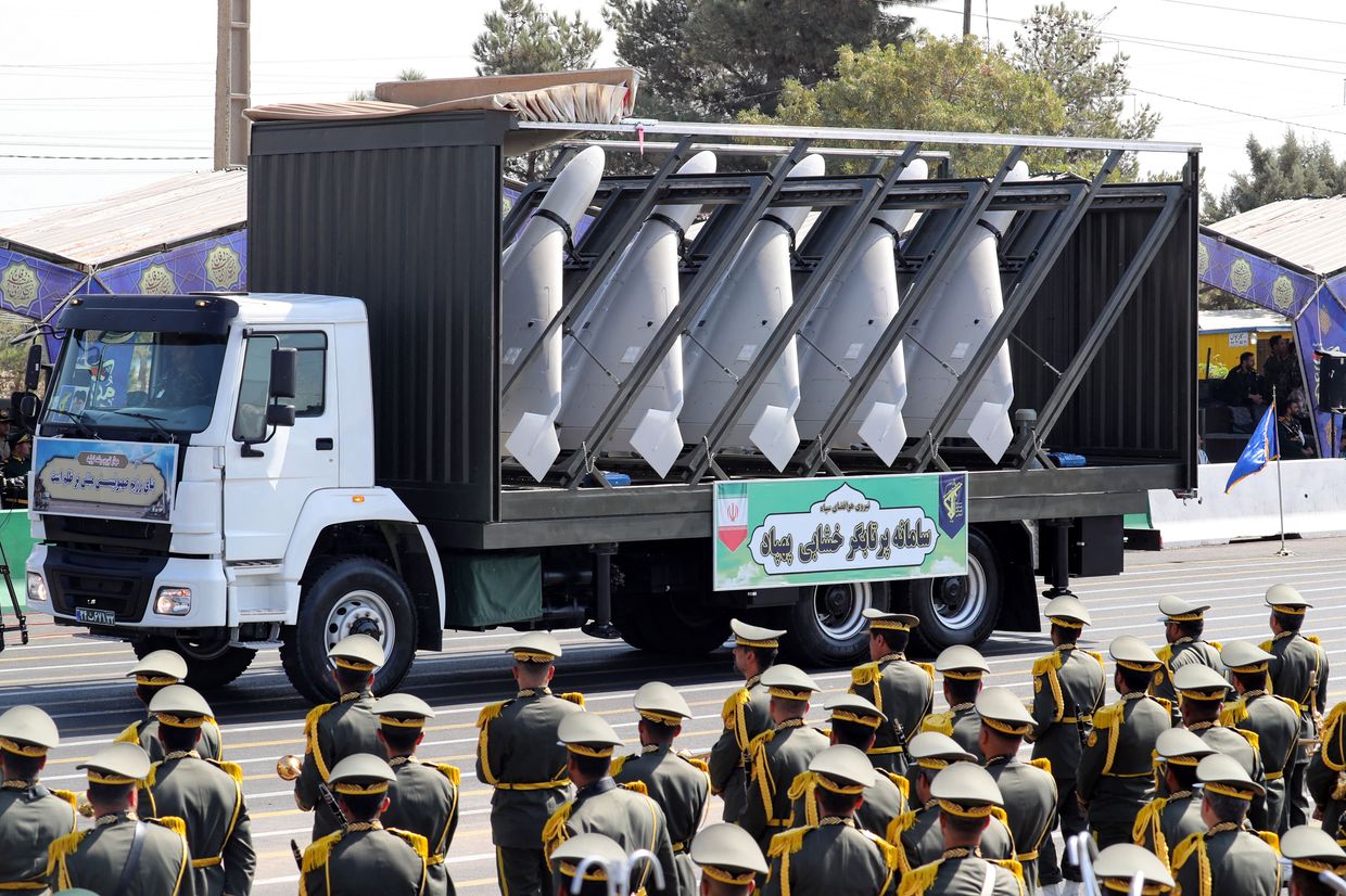 A truck transports Iranian drones during a parade in Tehran, Iran on Sep. 22, 2023.