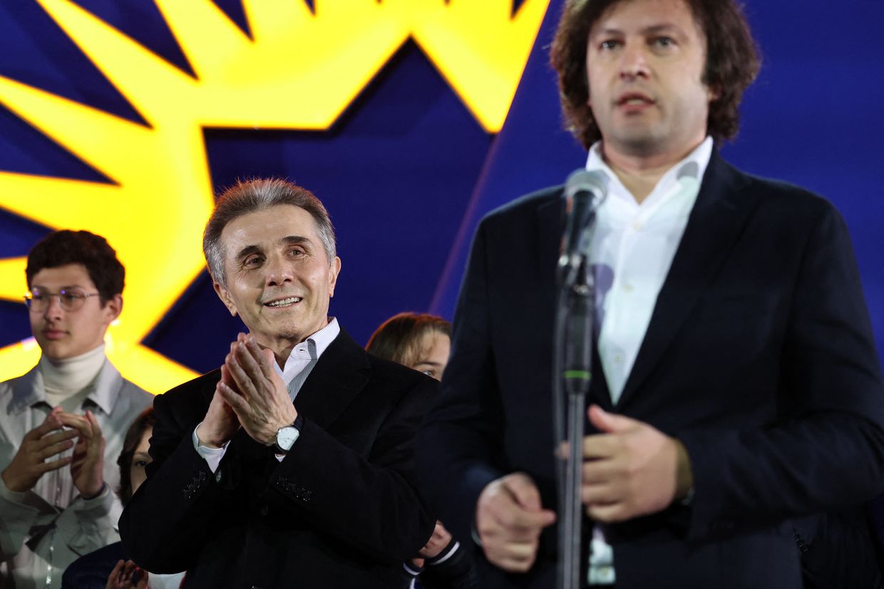 Georgian Dream founder Bidzina Ivanishvili claps after exit polls in Tbilisi, Georgia, on Oct. 26, 2024.