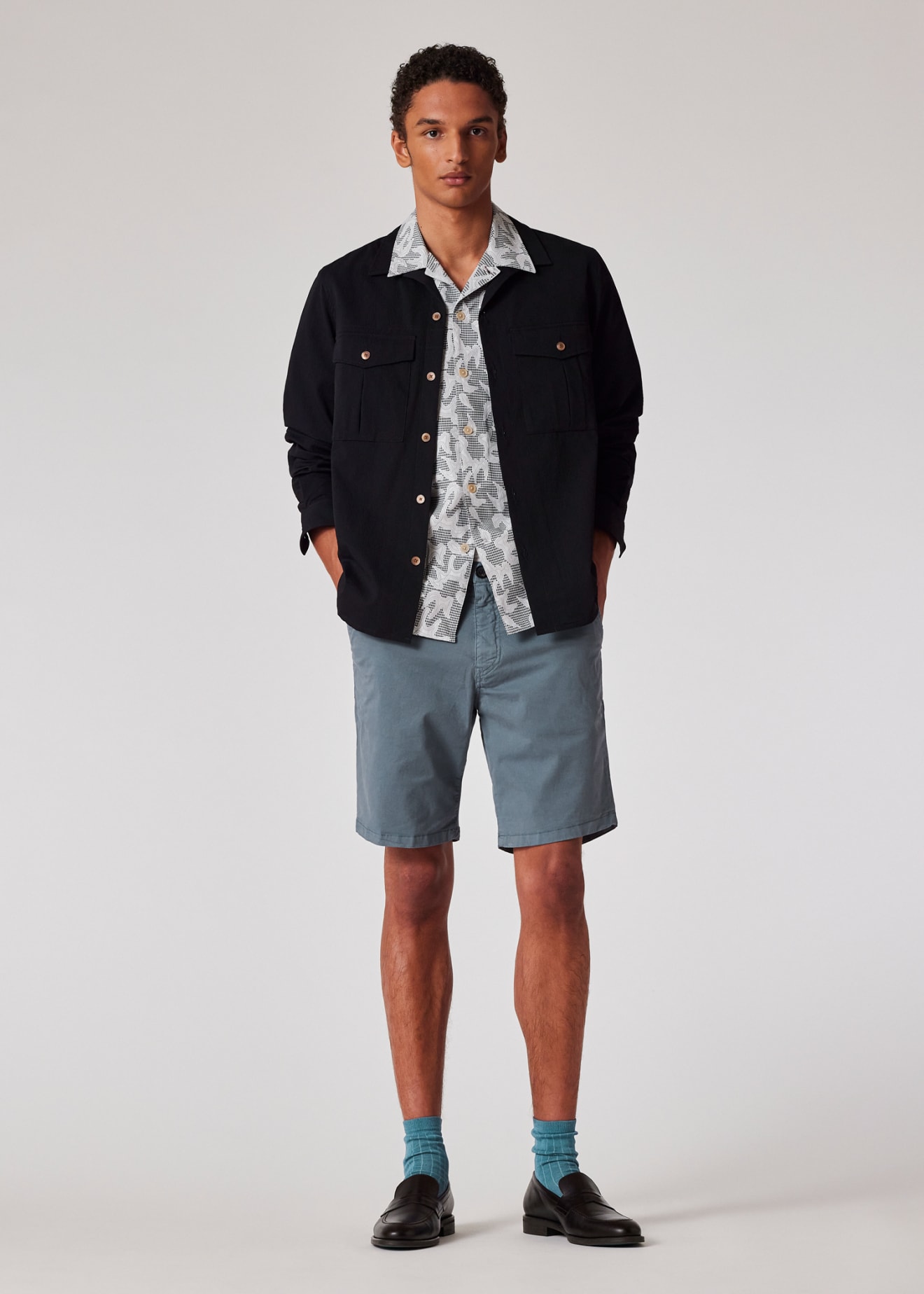 Model View - Navy and White Floral-Check Textured Cotton Shirt Paul Smith