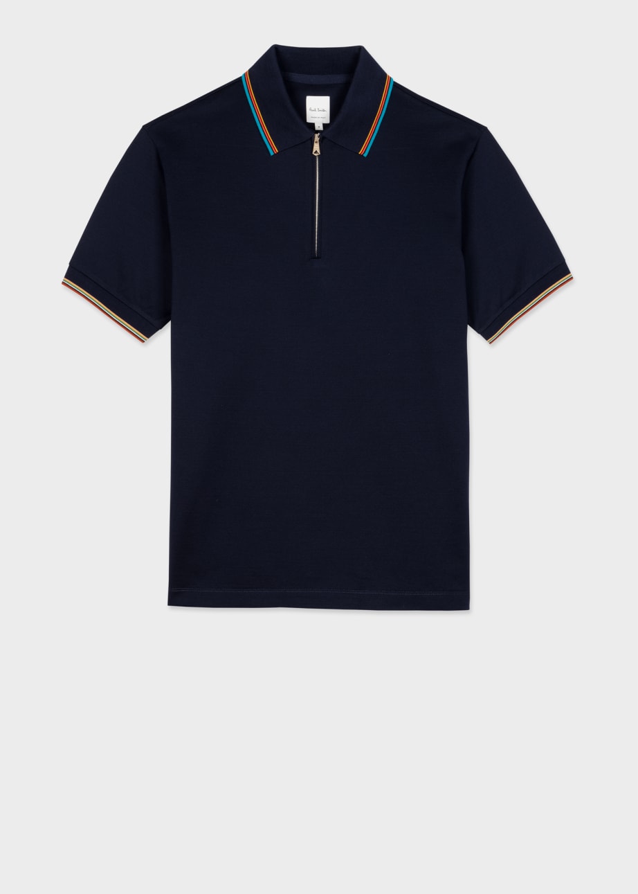 Product view - Navy Cotton 'Signature Stripe' Trim Zip Polo Shirt