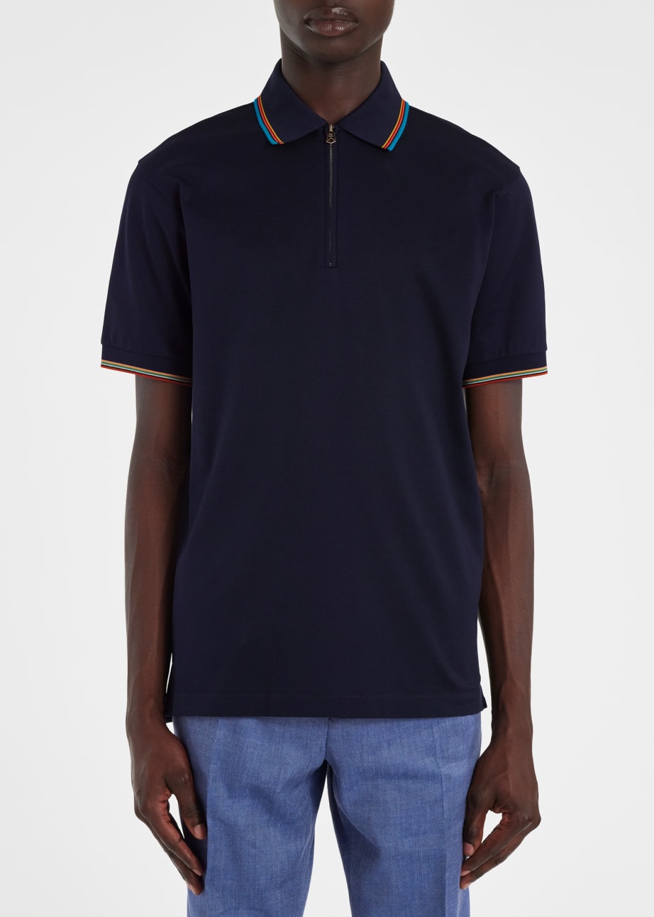 Model view - Navy Cotton 'Signature Stripe' Trim Zip Polo Shirt