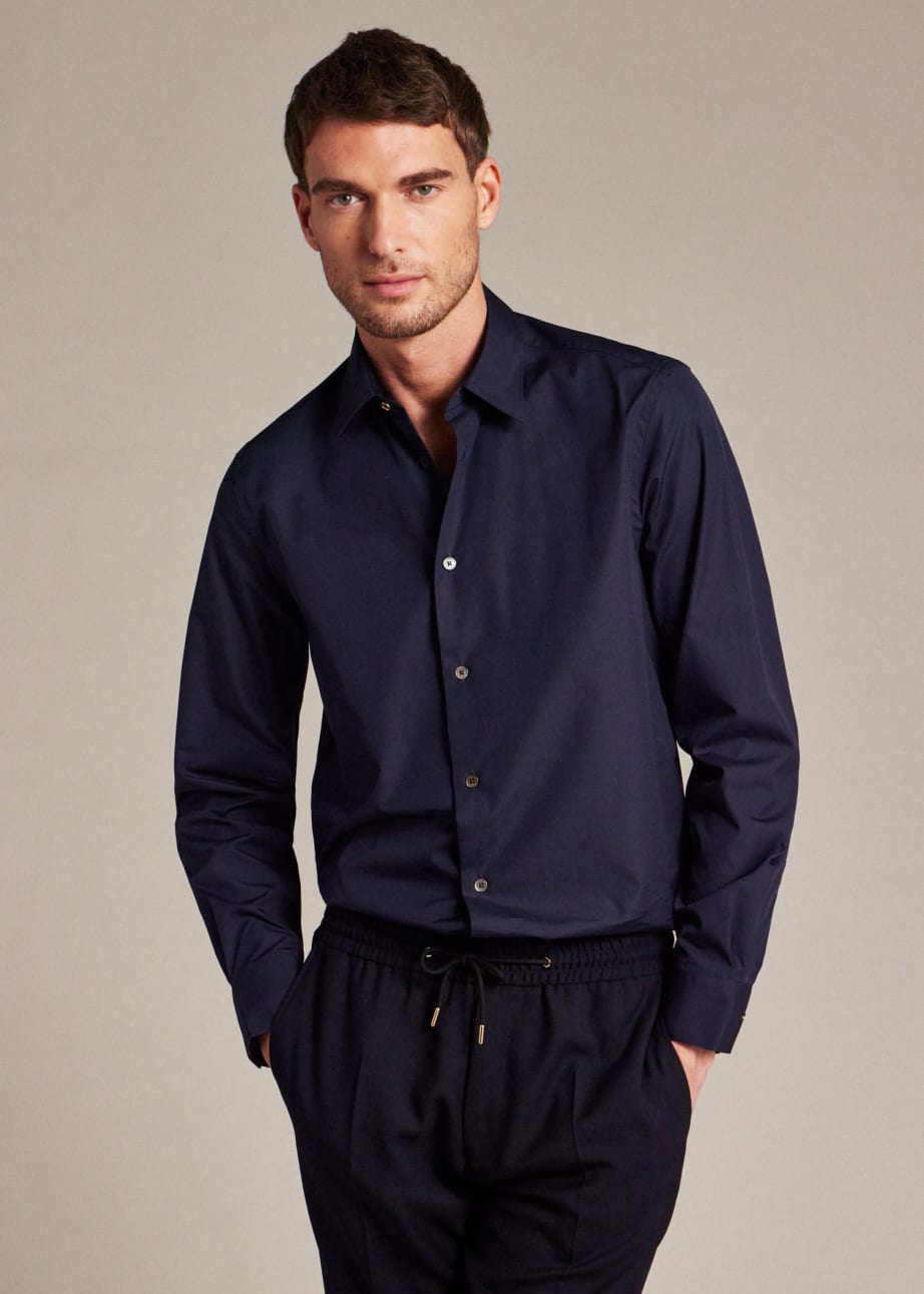 Model View - Regular-Fit Dark Navy Cotton 'Artist Stripe' Cuff Shirt Paul Smith