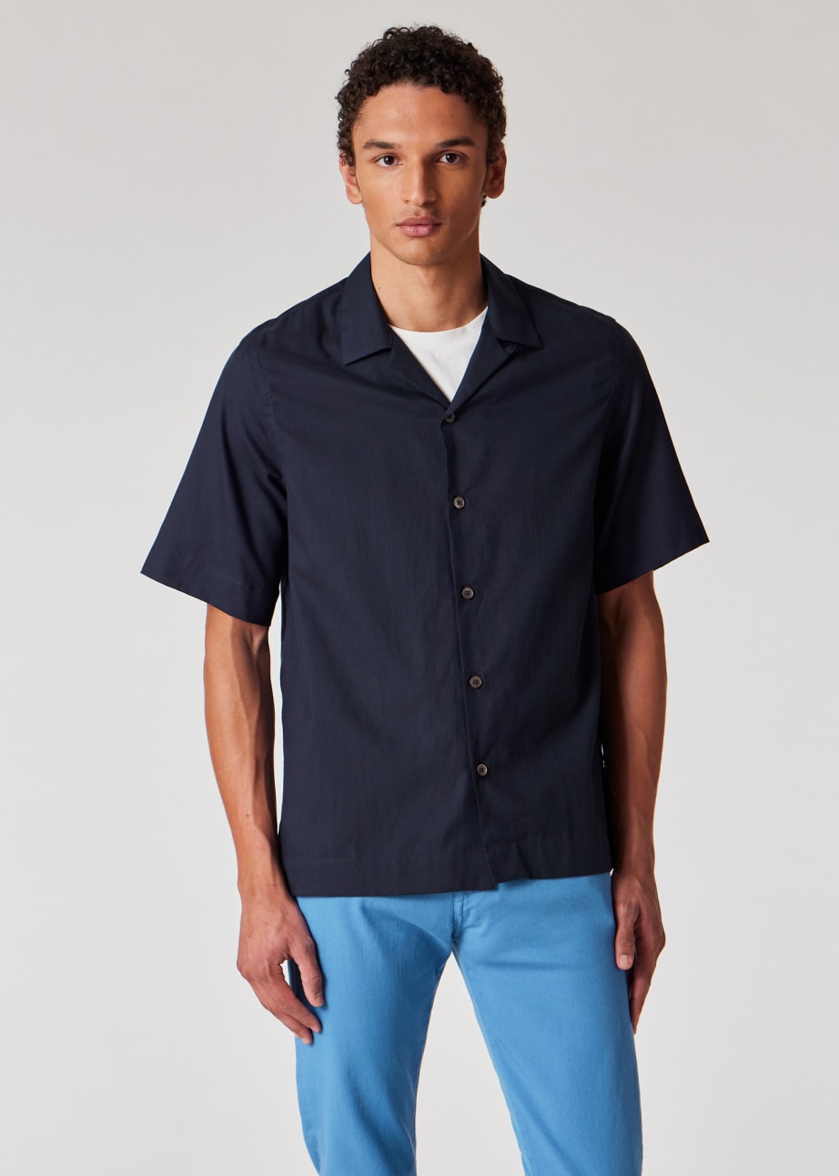 Model View - Navy Cotton Flannel Short Sleeve Shirt Paul Smith