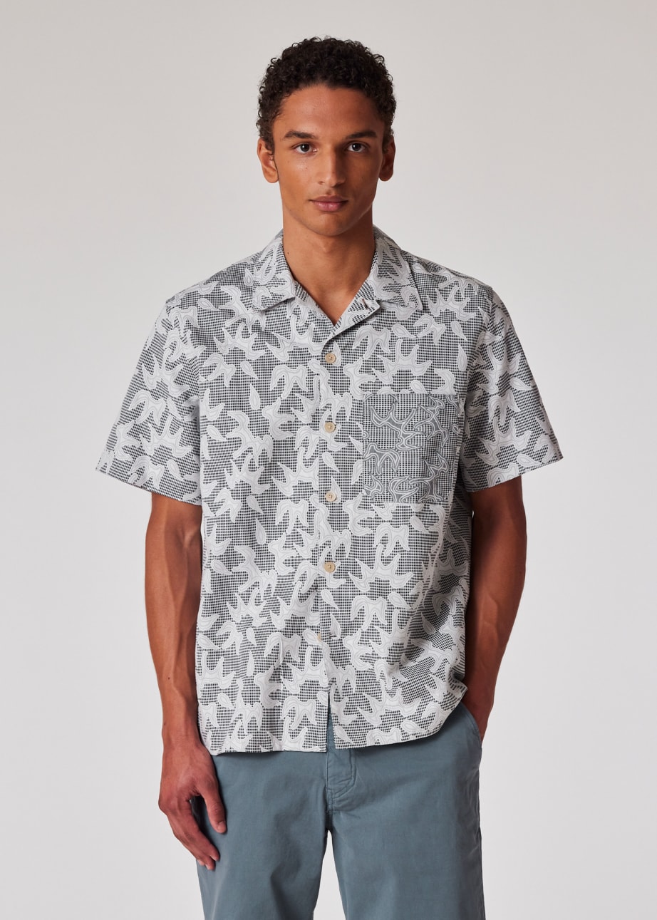 Model View - Navy and White Floral-Check Textured Cotton Shirt Paul Smith