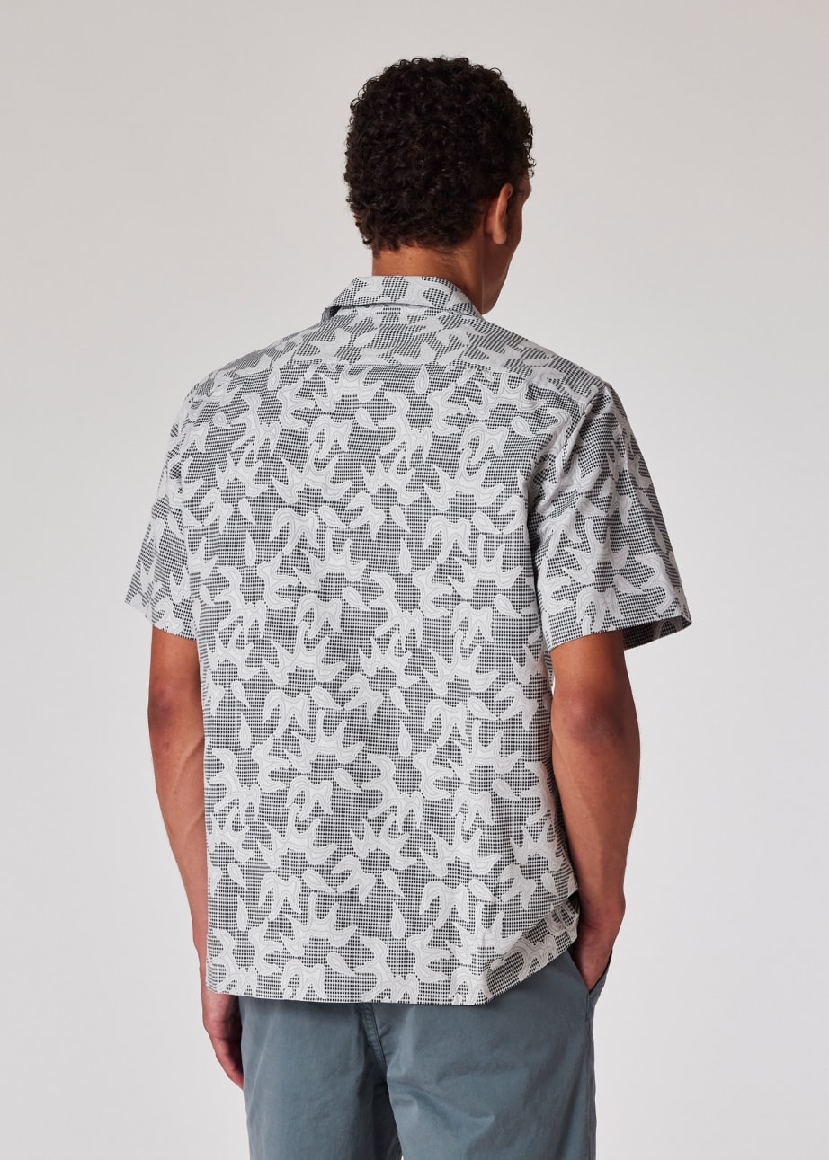 Model View - Navy and White Floral-Check Textured Cotton Shirt Paul Smith