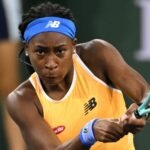 Coco Gauff (USA) hits a shot in her third round match against Simona Halep (ROU) at the BNP Paribas Open at the Indian Wells