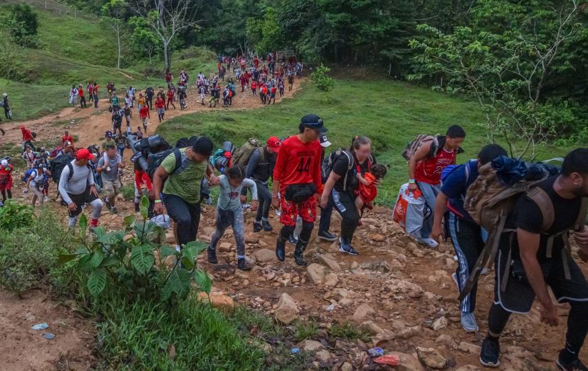 We see a large grouo of people walking up a path, behind them a jungle. They their migration journey leaving the last camp in Acandi, Colombia.