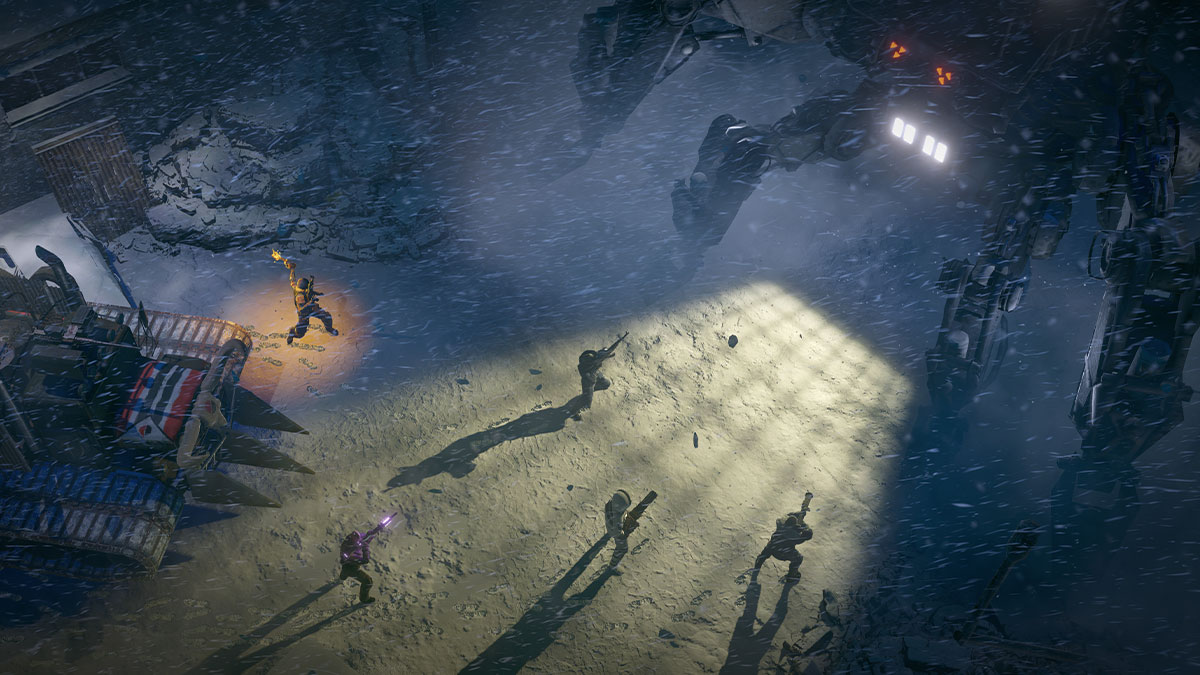 Wasteland 3, uma batalha que ocorre na neve pesada.