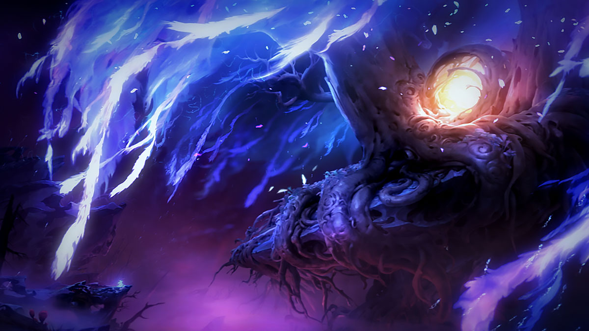 Ori and the Will of the Wisps, uma árvore brilhante em uma floresta escura