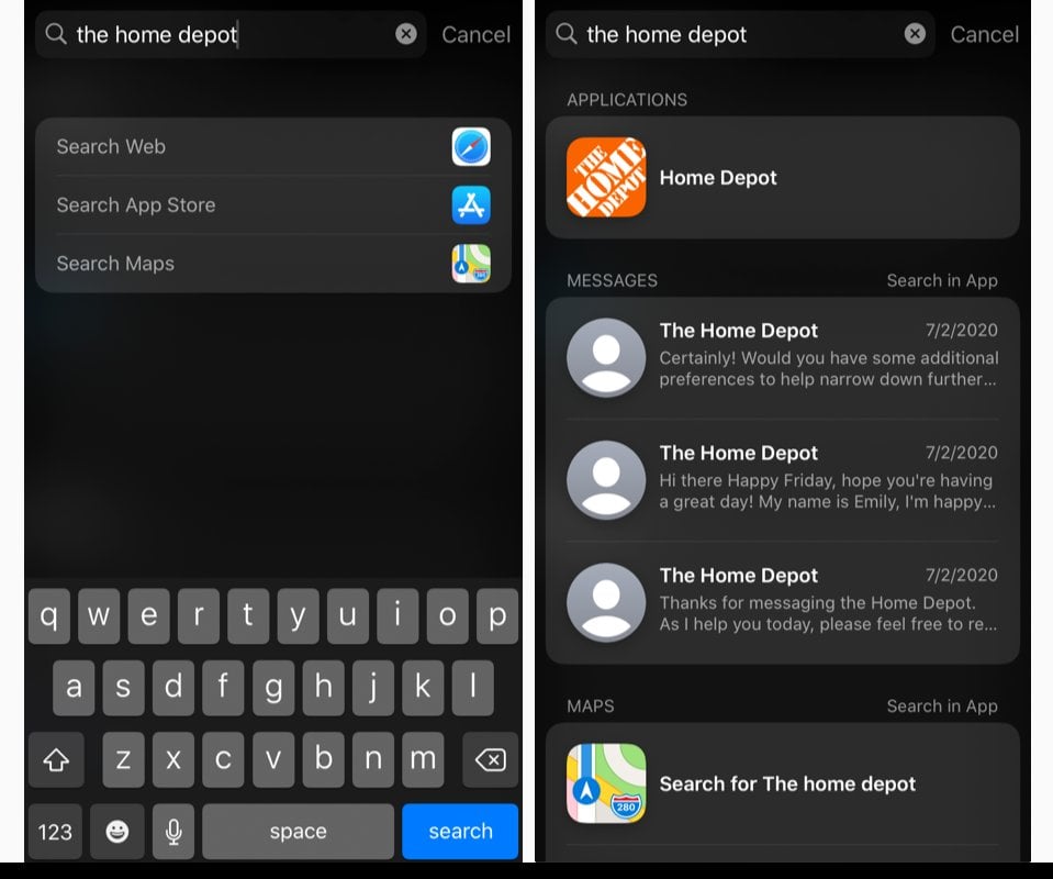 Приведенные выше изображения показывают результаты поиска на устройствах iPhone. Изображение слева - это то, что появилось, когда мы искали дом депо до того, как мы отправились с ними в деловом чате Apple и до того, как мы загрузили приложение компании. Изображение справа показывает наши результаты поиска после того, как мы отправили сообщение с компанией, предоставляя способ просмотра полученных от них сообщений, а также ярлык на приложение компании после его загрузки.