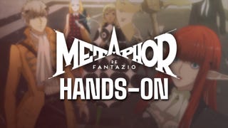 Metaphor Refantazio hands on header over some slightly blurred art of the cast.