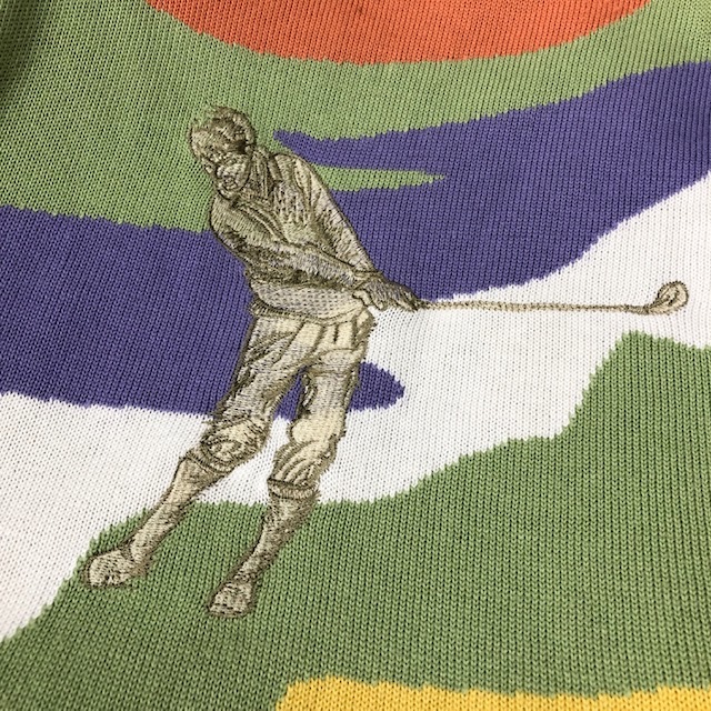 レトロ古着 80s～90s Mizuno ミズノ ゴルフ刺繍コットンニットセーター L モスグリーン オールド ヴィンテージ アクリル ゴルフウェア ●95