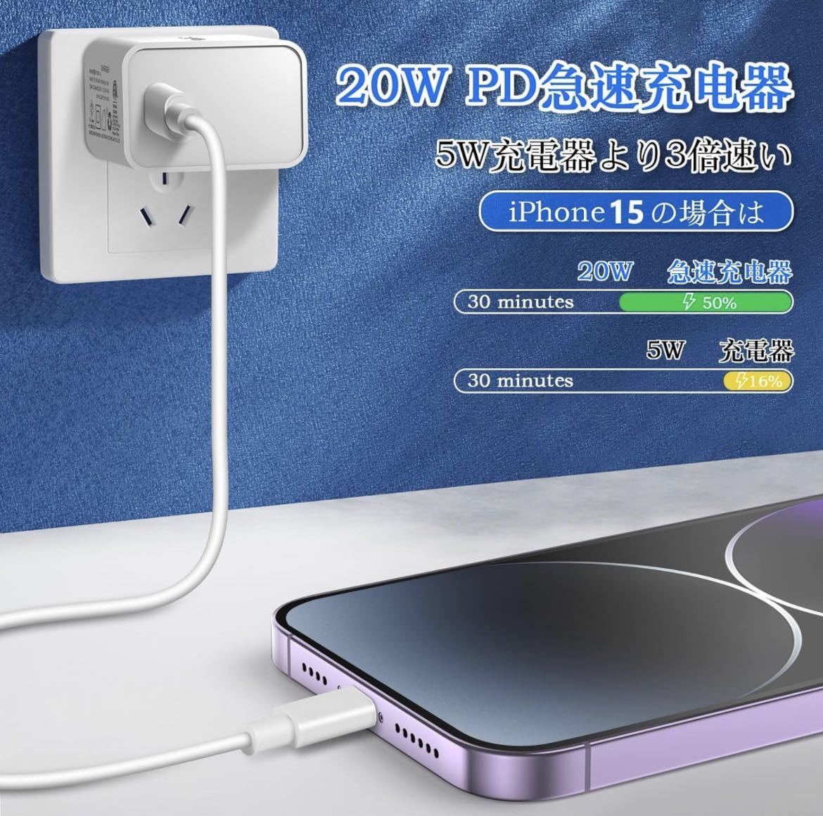 iPhone15 充電器 USB TYPE-C ケーブル アダプタPD 20W 急速充電 Type C 充電器 [PSE認証済み] USB C - iPhone ケーブル C 1m 付き