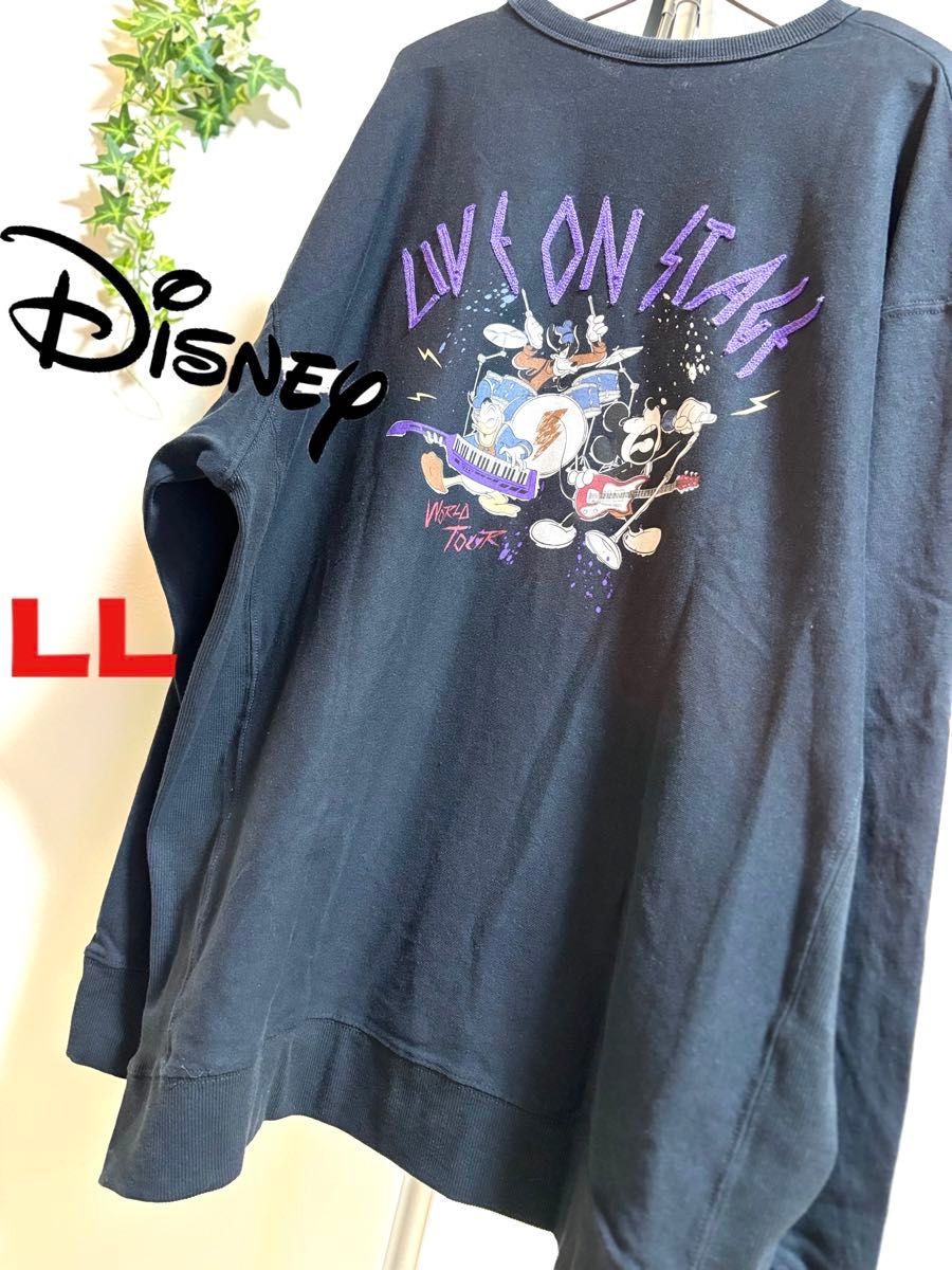 【Disney】【LLサイズ】ディズニー　メンズ　長袖　トレーナー ロンT古着 90s ビンテージ　大きめ　トップス　ブラック黒　