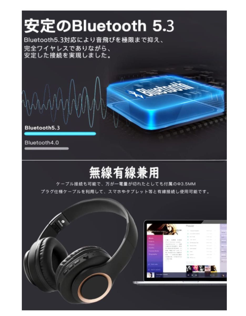 ワイヤレスヘッドホンBluetooth5.3内蔵マイク付折りたたみ式日本語説明書