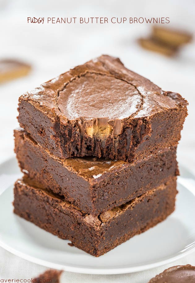 Fudgy Peanut Butter Cup Brownies - Easy, one-bowl, no mixer brownies with a full-size PB cup in every brownie! As fast as using mix and tastes way better!!