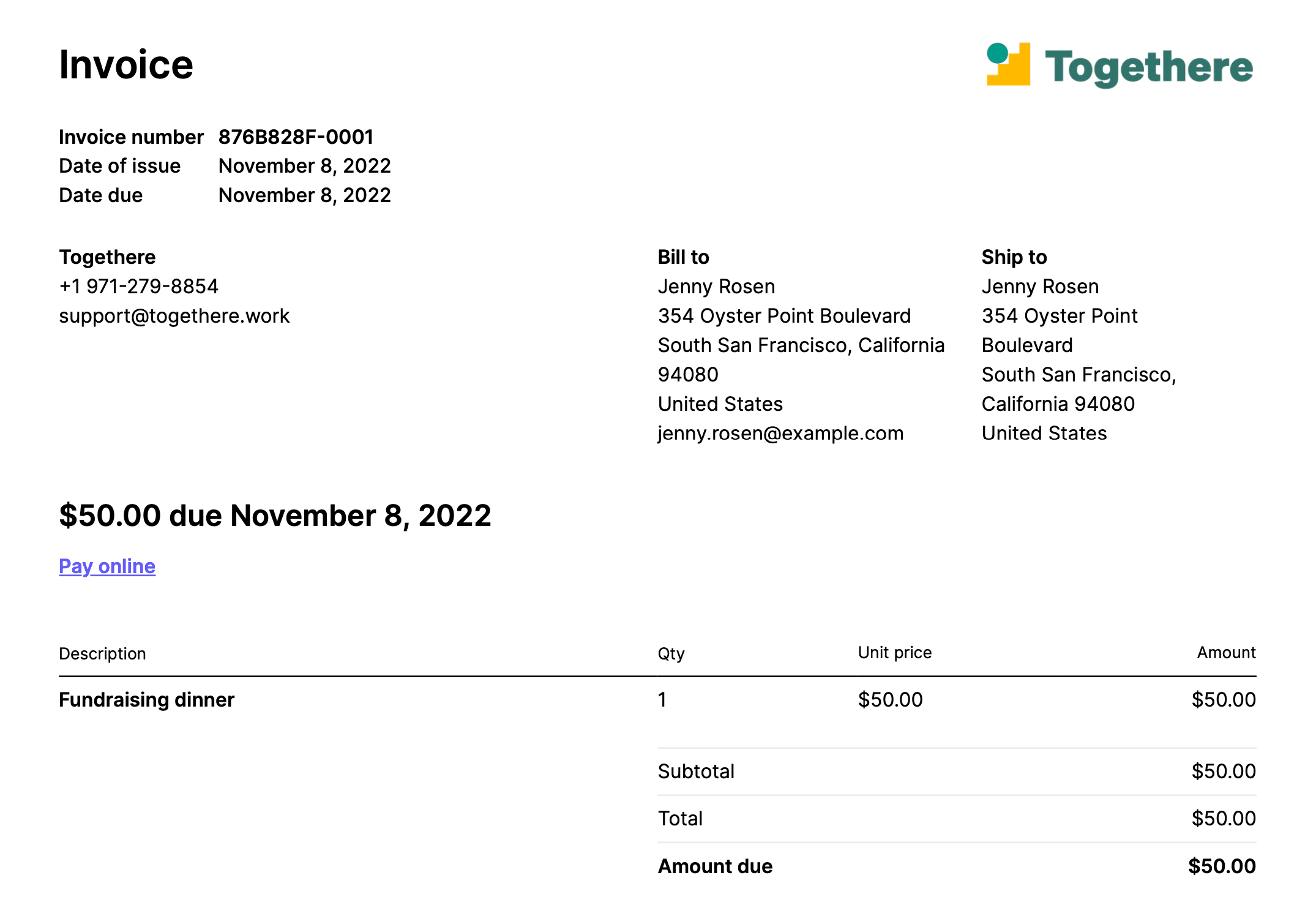 Screenshot of the invoice PDF that customers can download from the invoice summary email