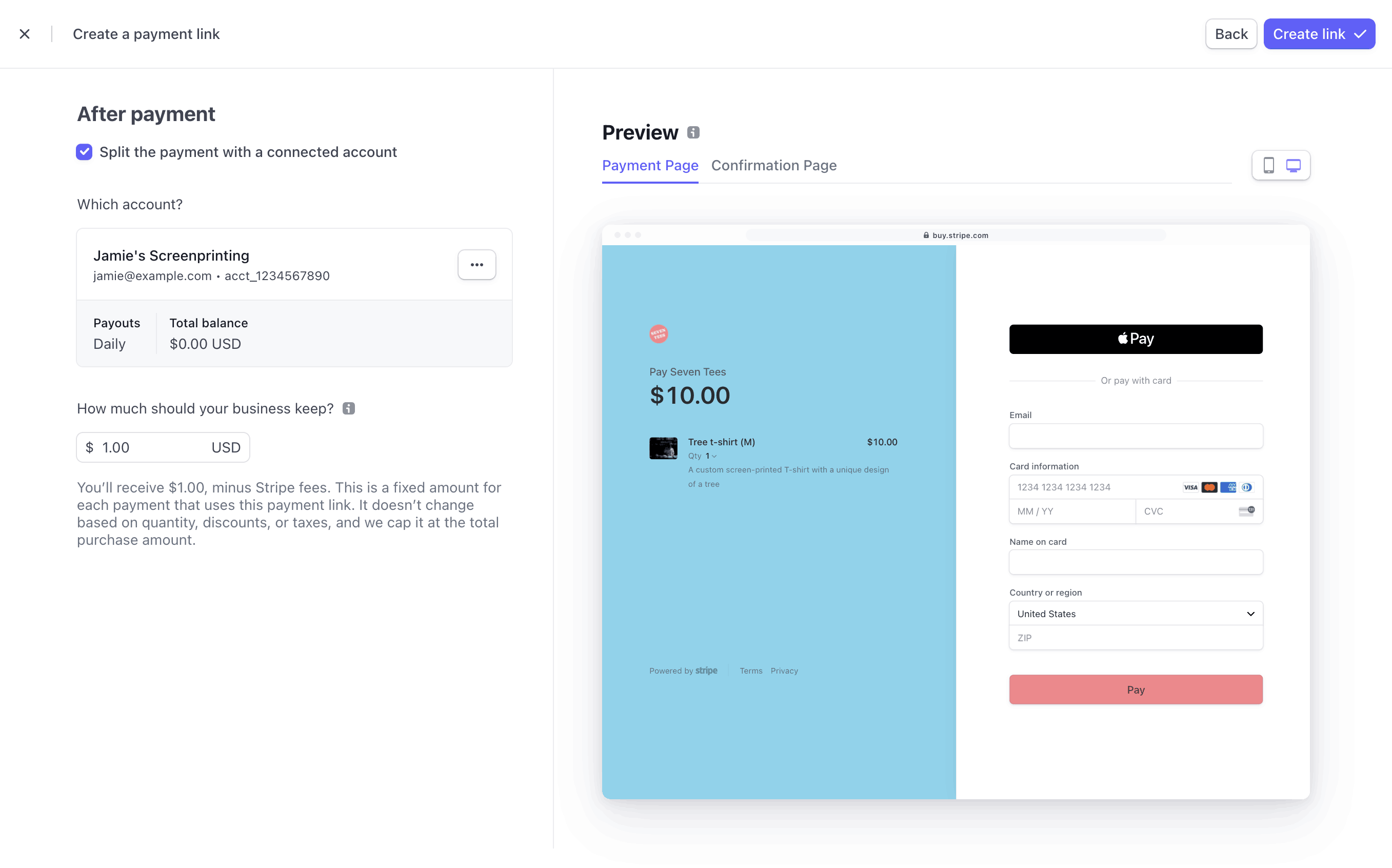 The second page of the payment link creation form. This page includes options for routing funds to connected accounts.