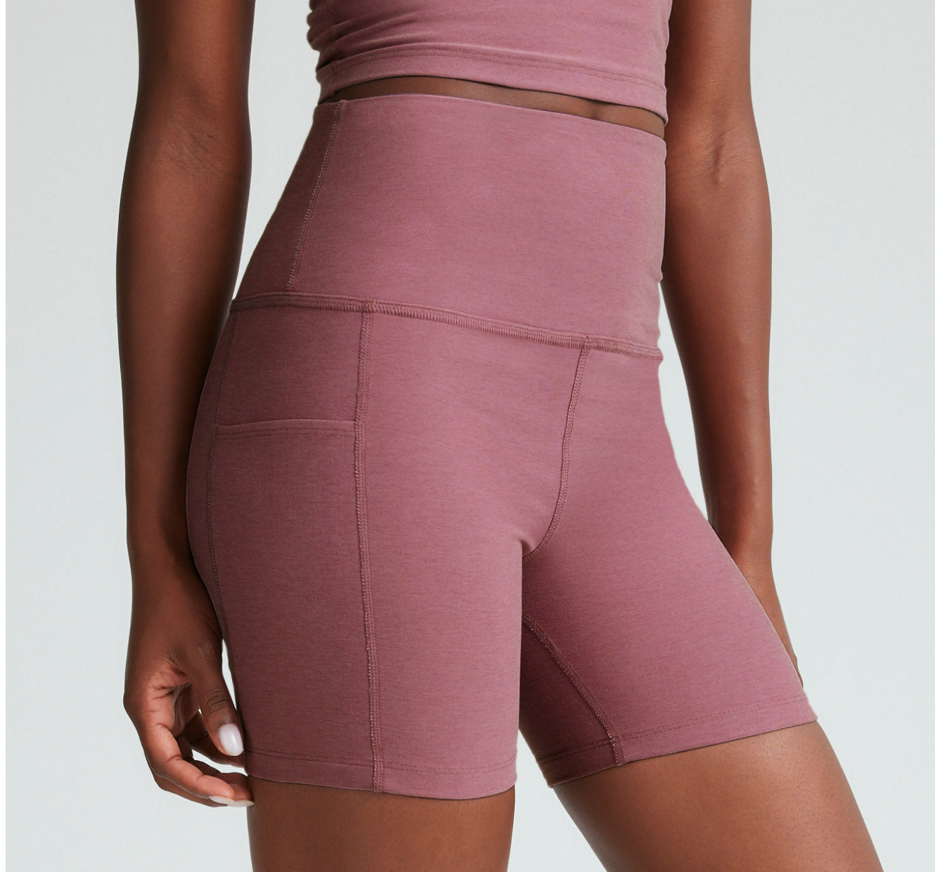 pink biker shorts with pockets at sides