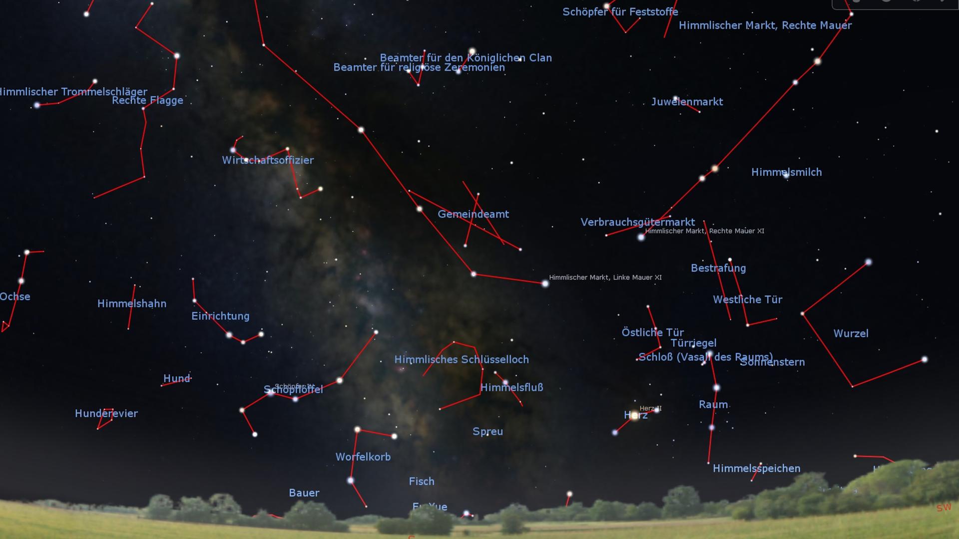 Blick tief an den Südhimmel gegen Mitternacht: Wo der Antike nach Schütze und Skorpion leuchten, sieht man in China u.a. einen Korb, Spreu, eine Tür und ein Schloss. (Stellarium)