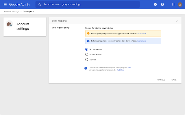 Settings available for Fundamental data regions