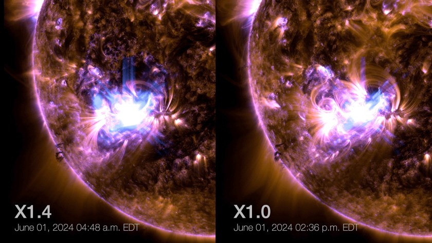 Two-panel image showing bright solar flares on June 1