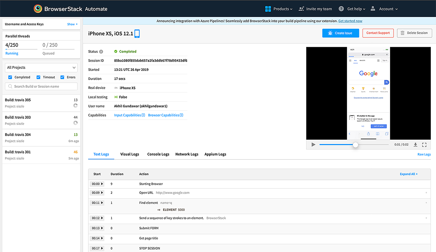 Test Result on BrowserStack Automate