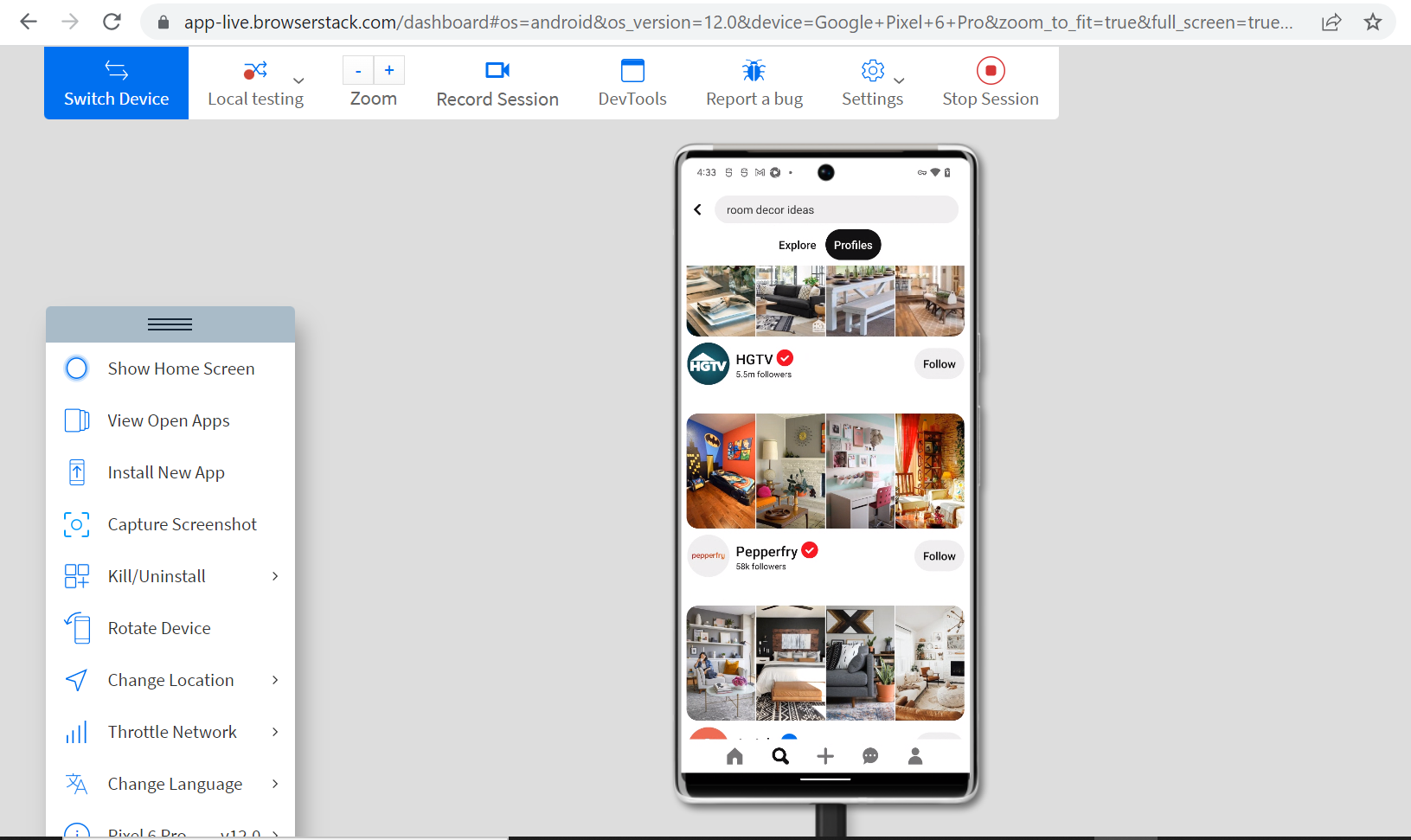 UI Test of React Native App Pinterest on Android Phone
