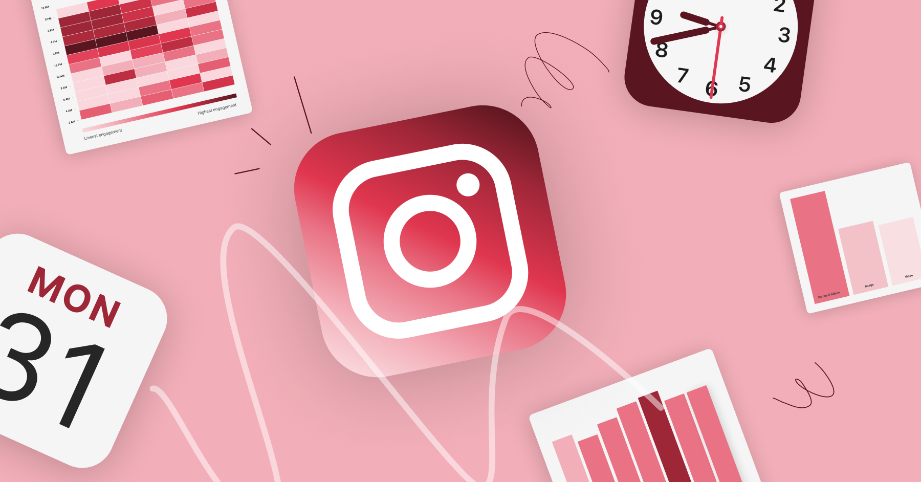 The instagram, calendar, and clock app logo juxtaposed on a pink background to illustrate the best time to post on Instagram