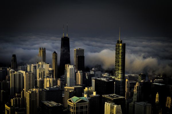 chicago,skyline,clouds,fog,buildings,sears tower