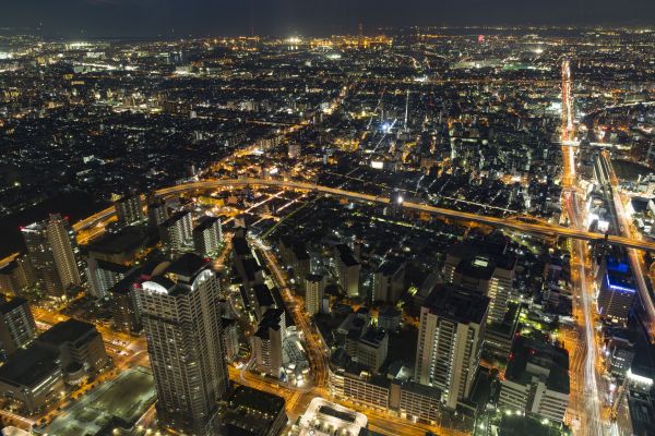 Nacht-, Stadt, Skyline, Stadtbild, Aussicht, städtisch