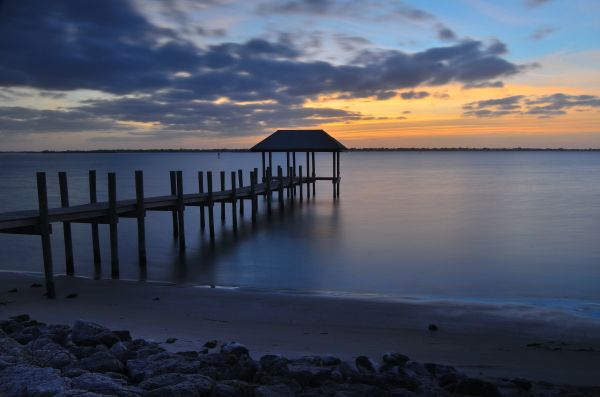 dermaga, pantai, tenang, intercoastal, masuk, matahari terbenam