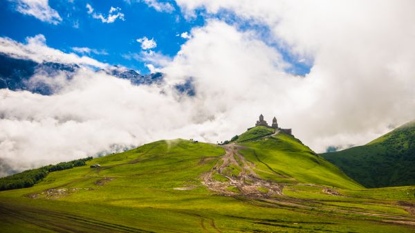 campo, campo, castillo, Nubes, luz, ambiente