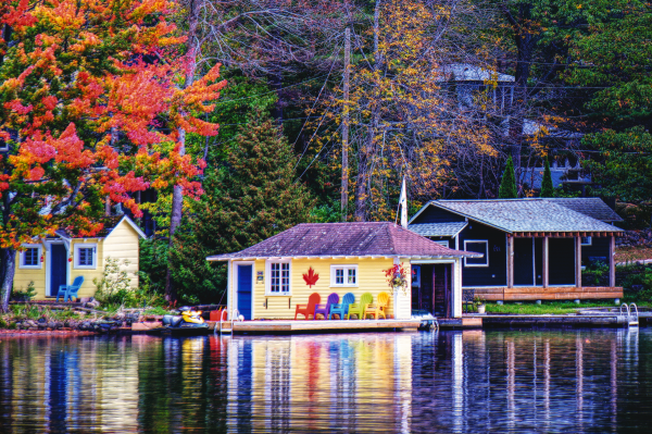 Réflexions, chalet, Lac, l'automne, tomber, paysage