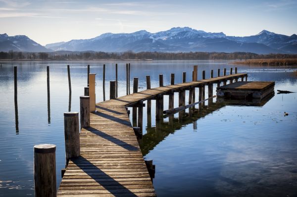 blue, bollard, bridge, brown, calm, chiemsee