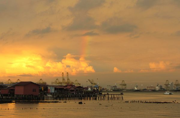 západ slnka,pláž,dúha,Penang,neba,mrak