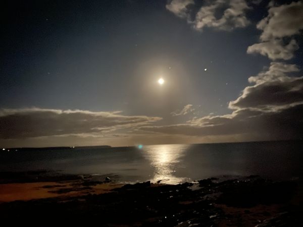 moon, night, cloud, stars, cornwall, sea