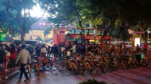 bicicleta, bicicleta, calle, multitud, autobús, ciudad