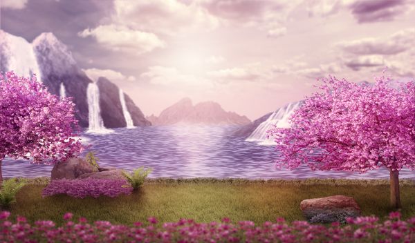 landscape,waterfalls,background,fantasy,mountains,trees