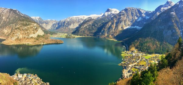 sø,bjerge,natur,grøn,landsby,gammel