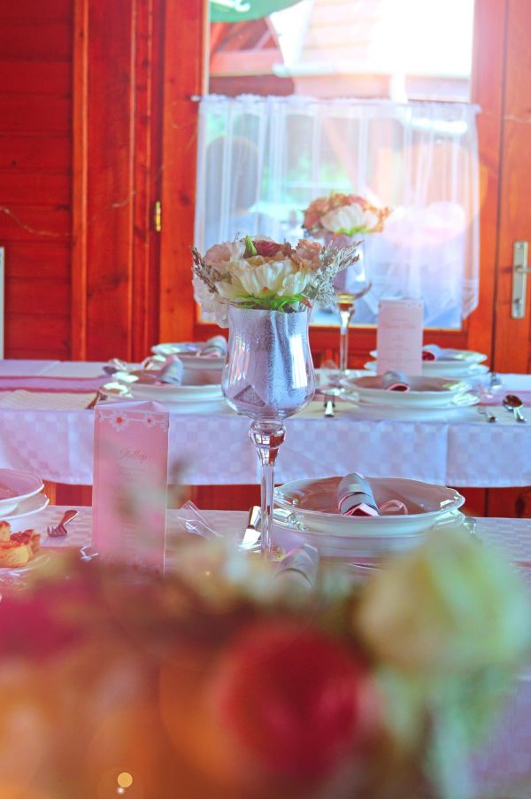 Boda, mesa, decoración, ajuste, blanco, hermosa